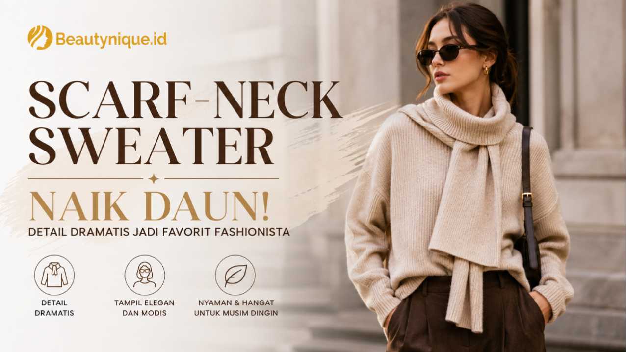 Scarf-Neck Sweater Naik Daun, Detail Dramatis Jadi Favorit Fashionista
